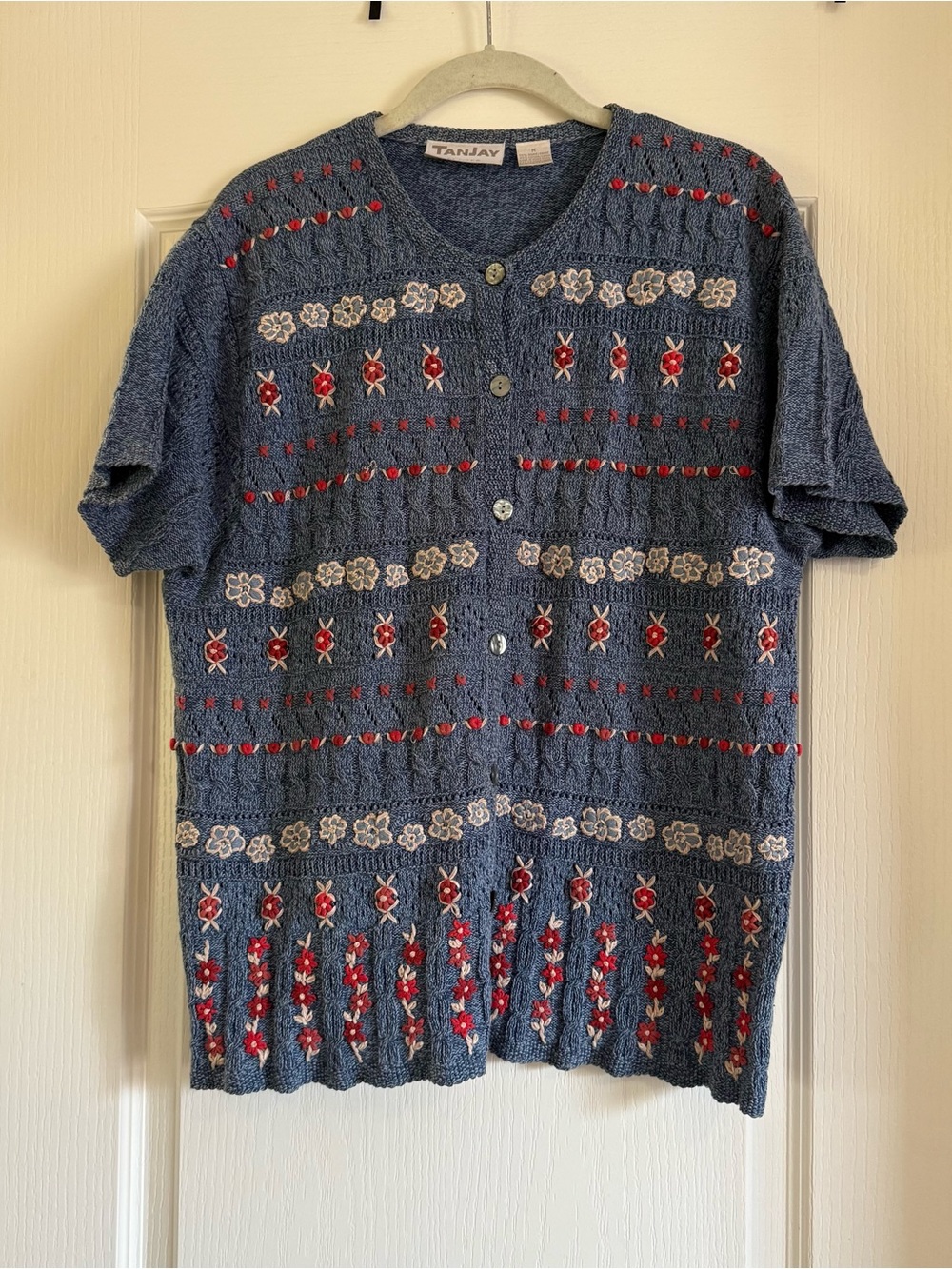 TanJay Blue Knit Button-Front Cardigan with Floral Embroidery